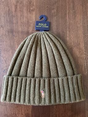 Polo Ralph Lauren Beanie Mens Army Green Flesh Pony Wool Blend Rib Knit Cuff NEW